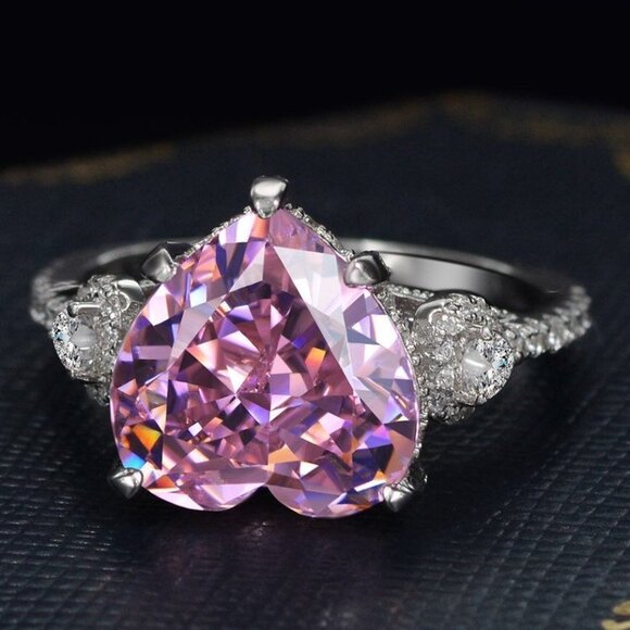 🔥Pink Heart CZ Anillos Shiny Diamonds Silver Plated Heart Ring for Women, L117 - Picture 2 of 7